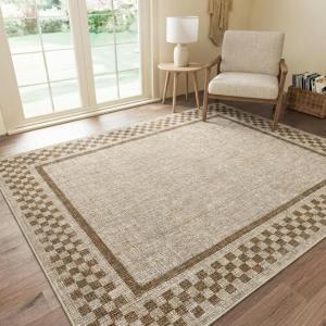 Garvee Washable Rug 5×7 Modern Checkerboard Rug for Living Room, Non Shedding Non Slip Solid Carpets, Soft Low Pile Solid Floor Mats, Border Printed Rugs for Bedroom Nursery, Taupe