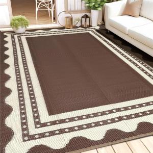 Garvee Waterproof Outdoor Rug 8×10 for Patio, Reversible Modern Area Rug, Large Plastic Straw Mat for Camping, RV, Porch, Backyard, Deck, Picnic, Beach, Brown & Beige(Brown & Beige)