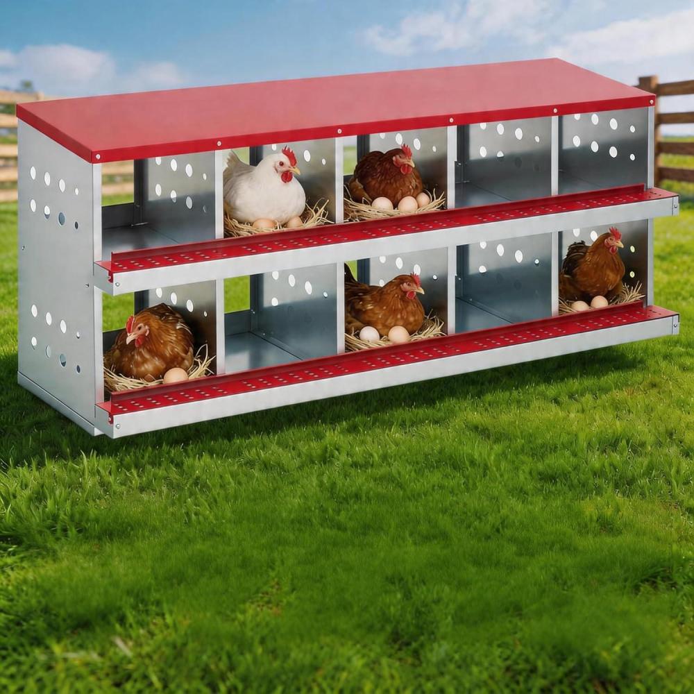 image:image5039 Metal Chicken Nesting Box 4Compartment Poultry Nest Box with Perch and Ventilation Holes Blue Roof Hen Laying Box for Up to 8 ChickensRed with railing