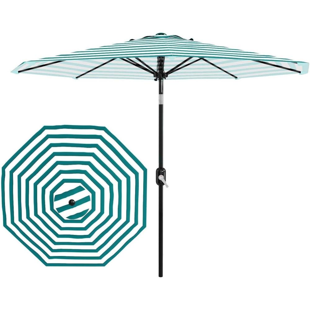 image:imageGarvee 9FT Patio Umbrella  Outdoor Table Umbrella with Crank Lift amp Push Button Tilt  Market Umbrella 8 Sturdy Ribs UV Protection for Pool Deck Yard Garden  OrangeTurquoise  White Stripe