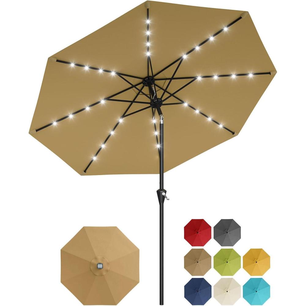 image:imageGarvee 9FT Solar Patio Umbrella with 32 LED Lights  Outdoor Table Umbrella with Crank Lift Push Button Tilt and 8 Sturdy Ribs  Market Umbrella UV Protection for Pool Deck Yard Garden Navy BlueKhaki