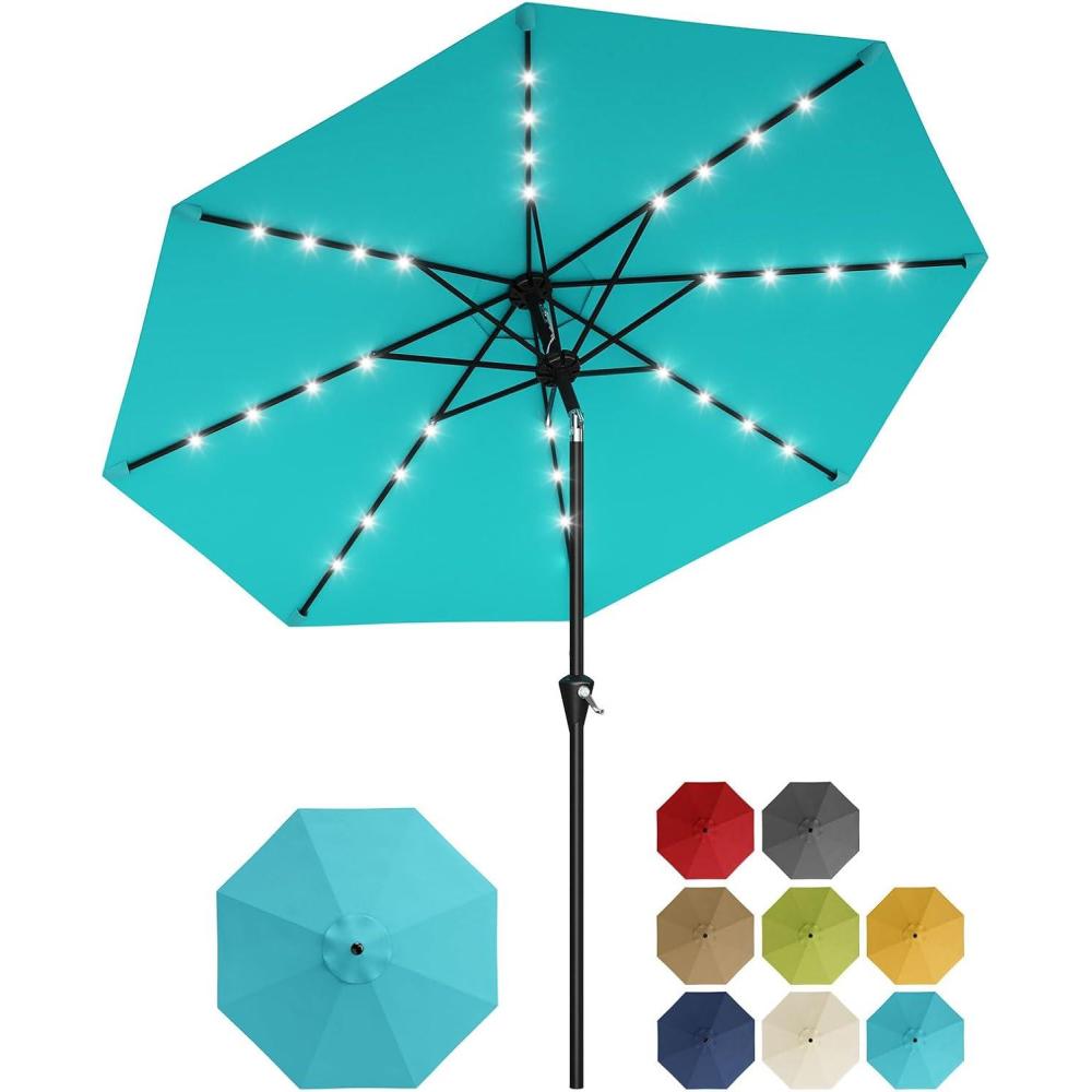 image:imageGarvee 9FT Solar Patio Umbrella with 32 LED Lights  Outdoor Table Umbrella with Crank Lift Push Button Tilt and 8 Sturdy Ribs  Market Umbrella UV Protection for Pool Deck Yard Garden Navy BlueSky Blue