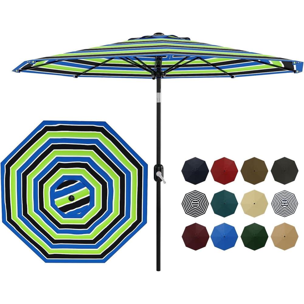 image:imageGarvee 9FT Solar Patio Umbrella with 32 LED Lights  Outdoor Table Umbrella with Crank Lift Push Button Tilt and 8 Sturdy Ribs  Market Umbrella UV Protection for Pool Deck Yard Garden Navy BlueTricolor Stripe