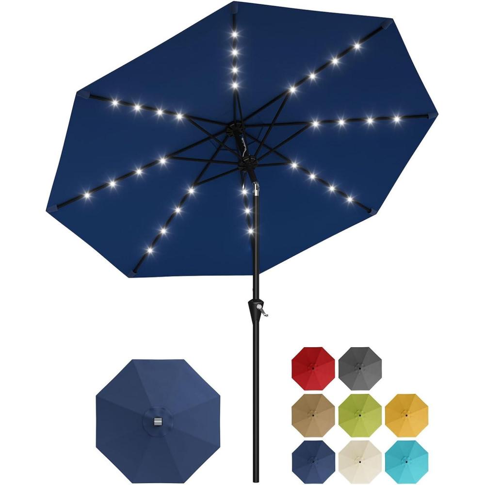 image:imageGarvee 9FT Solar Patio Umbrella with 32 LED Lights  Outdoor Table Umbrella with Crank Lift Push Button Tilt and 8 Sturdy Ribs  Market Umbrella UV Protection for Pool Deck Yard Garden Navy BlueNavy Blue