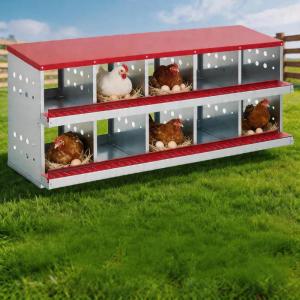 50.39″ Metal Chicken Nesting Box, 4-Compartment Poultry Nest Box with Perch and Ventilation Holes, Blue Roof Hen Laying Box for Up to 8 Chickens(Red with railing)