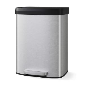 Garvee 13 gal / 50 L Stainless Steel Trash Can with Lid, Large Garbage Can for Kitchen, Rustproof Step-on Kitchen Metal Trash Bin with Liner Rim, Rear Handle, Soft Close Plastic Lid, Silver(15.8 Gal-Stainless Steel)