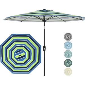 Garvee 9FT Patio Umbrella – Outdoor Table Umbrella with Crank Lift & Push Button Tilt – Market Umbrella 8 Sturdy Ribs UV Protection for Pool, Deck, Yard, Garden – Orange(Blue & Green Stripe)