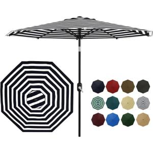 Garvee 9FT Solar Patio Umbrella with 32 LED Lights – Outdoor Table Umbrella with Crank Lift, Push Button Tilt and 8 Sturdy Ribs – Market Umbrella UV Protection for Pool, Deck, Yard, Garden -Navy Blue(Black & White Stripe)