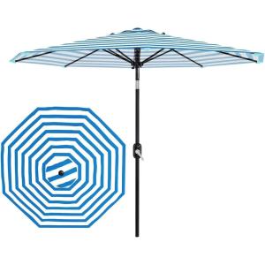 Garvee 9FT Solar Patio Umbrella with 32 LED Lights – Outdoor Table Umbrella with Crank Lift, Push Button Tilt and 8 Sturdy Ribs – Market Umbrella UV Protection for Pool, Deck, Yard, Garden -Navy Blue(Blue & White Stripes)