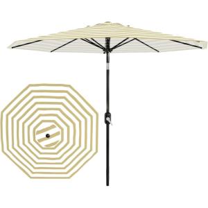 Garvee 9FT Solar Patio Umbrella with 32 LED Lights – Outdoor Table Umbrella with Crank Lift, Push Button Tilt and 8 Sturdy Ribs – Market Umbrella UV Protection for Pool, Deck, Yard, Garden -Navy Blue(Tan & White Stripes)
