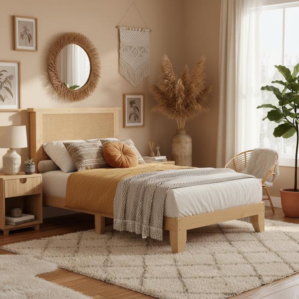 image:imageGarvee King Size Rattan Bed Frame Bohemian Rattan Bed Frame King with Natural Headboard Platform King Size Bed with Wooden Legs LED Lights No Box Spring Needed Easy AssemblyTwin