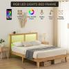 Garvee King Size Rattan Bed Frame, Bohemian Rattan Bed Frame King with Natural Headboard, Platform King Size Bed with Wooden Legs, LED Lights, No Box Spring Needed, Easy Assembly(Full)