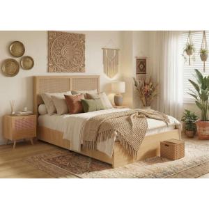 Garvee King Size Rattan Bed Frame, Bohemian Rattan Bed Frame King with Natural Headboard, Platform King Size Bed with Wooden Legs, LED Lights, No Box Spring Needed, Easy Assembly(Queen(4 Drawers))