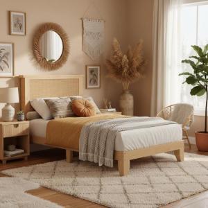 Garvee King Size Rattan Bed Frame, Bohemian Rattan Bed Frame King with Natural Headboard, Platform King Size Bed with Wooden Legs, LED Lights, No Box Spring Needed, Easy Assembly(Twin)
