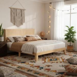 Garvee King Size Rattan Bed Frame, Bohemian Rattan Bed Frame King with Natural Headboard, Platform King Size Bed with Wooden Legs, LED Lights, No Box Spring Needed, Easy Assembly(Full)