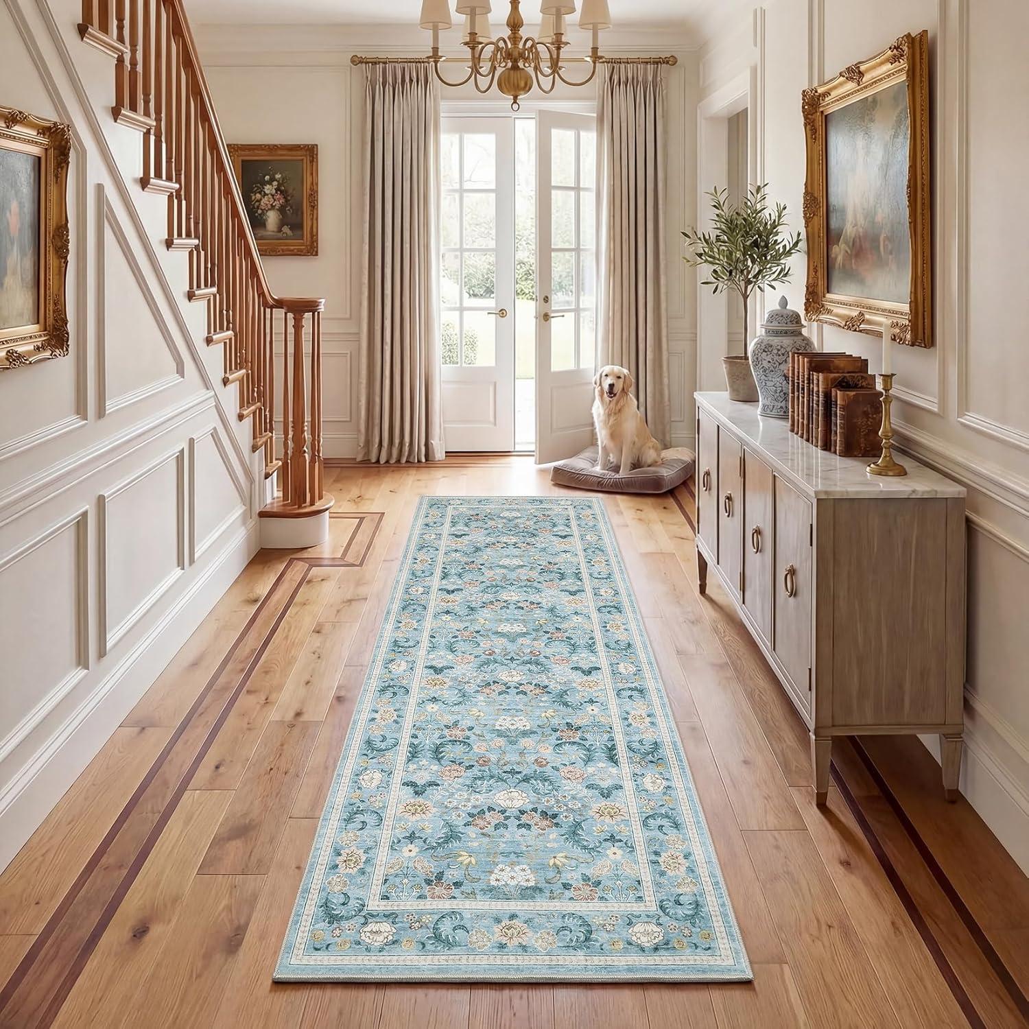 image:imageGarvee 10x13 Vintage Area Rug for Bedroom Large Living Room Rug with Non Slip Backing Floral Border Stain Resistant Non Shedding Area Rugs Low Pile Soft Mats for Bedroom Dining Room PinkCottageblue