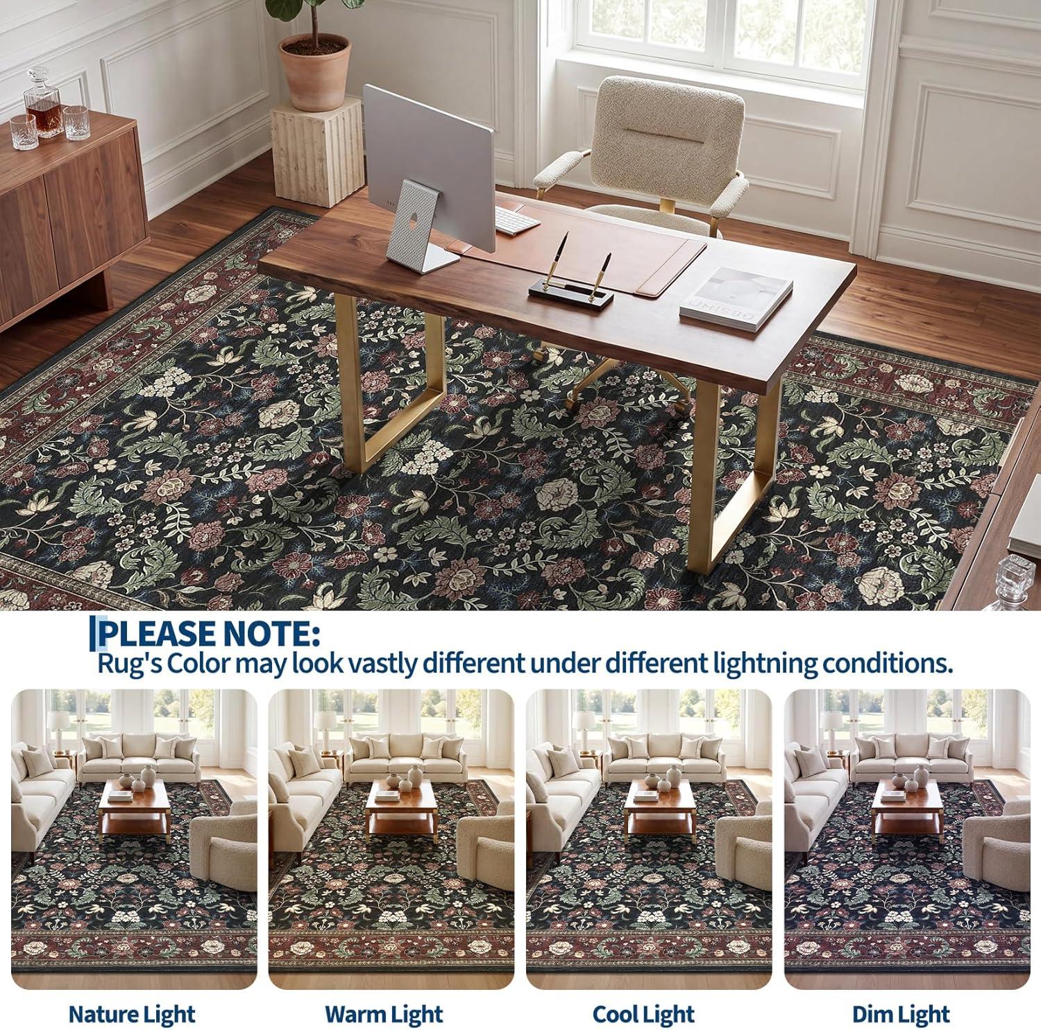 image:imageGarvee 10x13 Vintage Area Rug for Bedroom Large Living Room Rug with Non Slip Backing Floral Border Stain Resistant Non Shedding Area Rugs Low Pile Soft Mats for Bedroom Dining Room PinkCottageblackRed