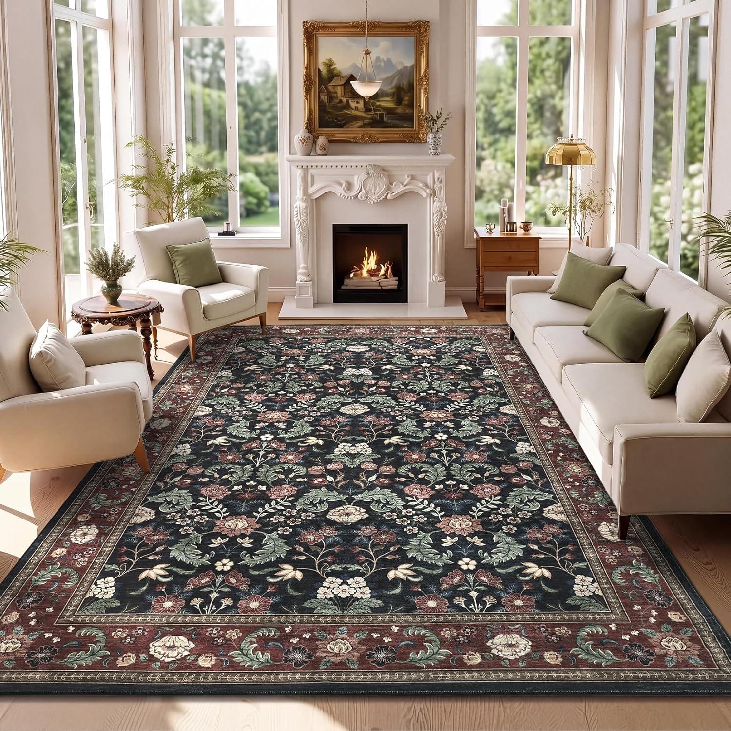 image:imageGarvee 10x13 Vintage Area Rug for Bedroom Large Living Room Rug with Non Slip Backing Floral Border Stain Resistant Non Shedding Area Rugs Low Pile Soft Mats for Bedroom Dining Room PinkCottageblackRed