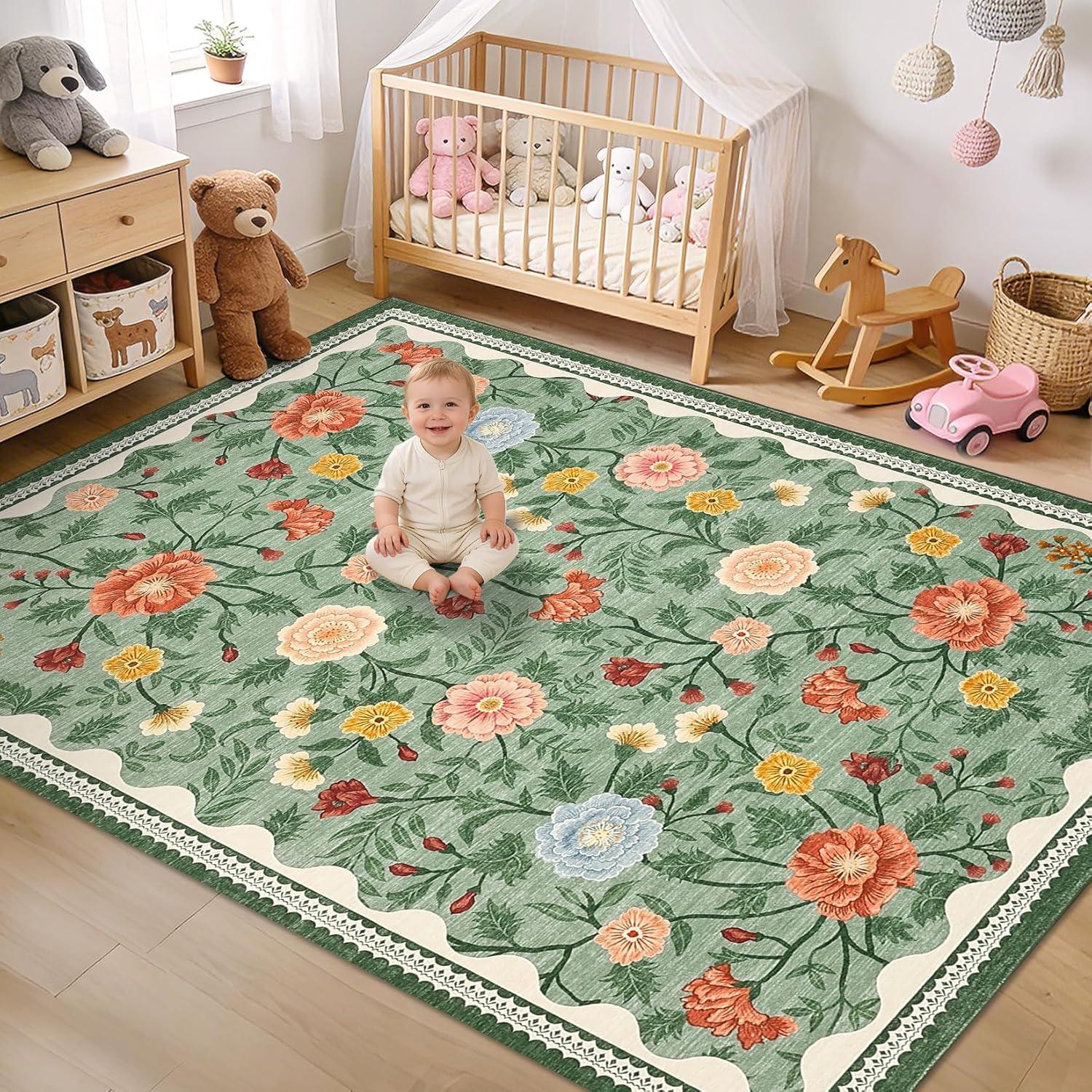 image:imageGarvee 10x13 Vintage Area Rug for Bedroom Large Living Room Rug with Non Slip Backing Floral Border Stain Resistant Non Shedding Area Rugs Low Pile Soft Mats for Bedroom Dining Room PinkFarmhousegreen