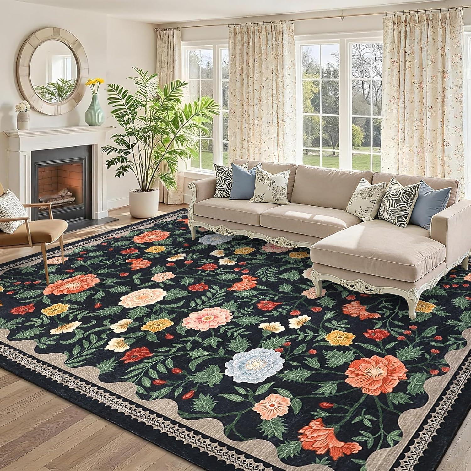 image:imageGarvee 10x13 Vintage Area Rug for Bedroom Large Living Room Rug with Non Slip Backing Floral Border Stain Resistant Non Shedding Area Rugs Low Pile Soft Mats for Bedroom Dining Room PinkFarmhouseblack