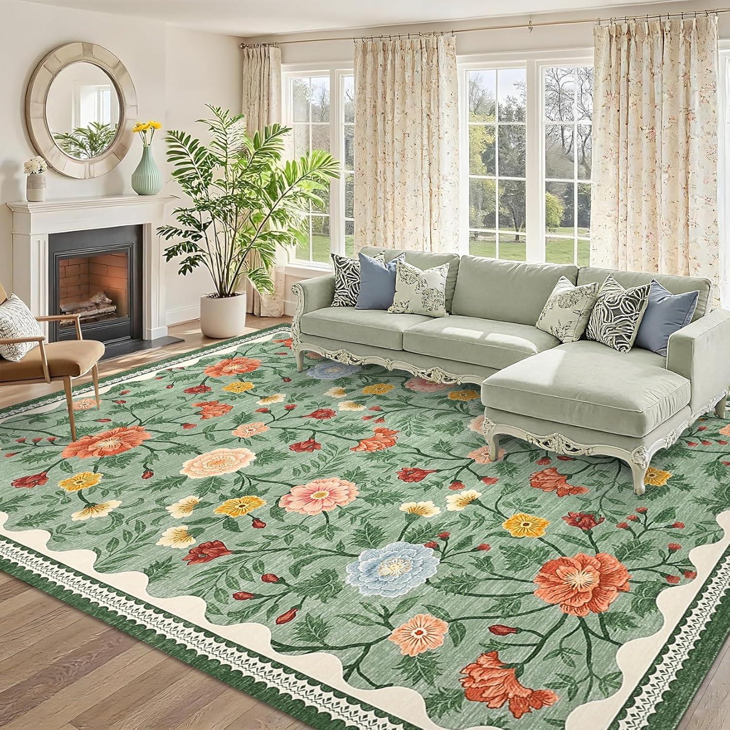 image:imageGarvee 10x13 Vintage Area Rug for Bedroom Large Living Room Rug with Non Slip Backing Floral Border Stain Resistant Non Shedding Area Rugs Low Pile Soft Mats for Bedroom Dining Room PinkFarmhousegreen