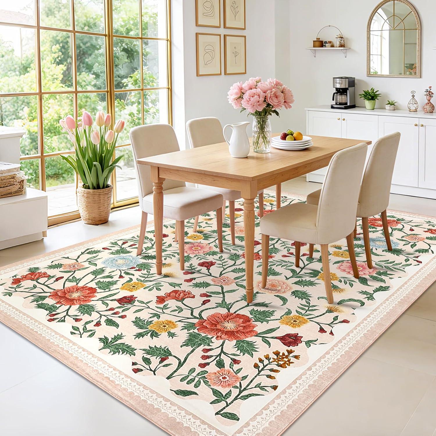 image:imageGarvee 10x13 Vintage Area Rug for Bedroom Large Living Room Rug with Non Slip Backing Floral Border Stain Resistant Non Shedding Area Rugs Low Pile Soft Mats for Bedroom Dining Room PinkFarmhousebeige