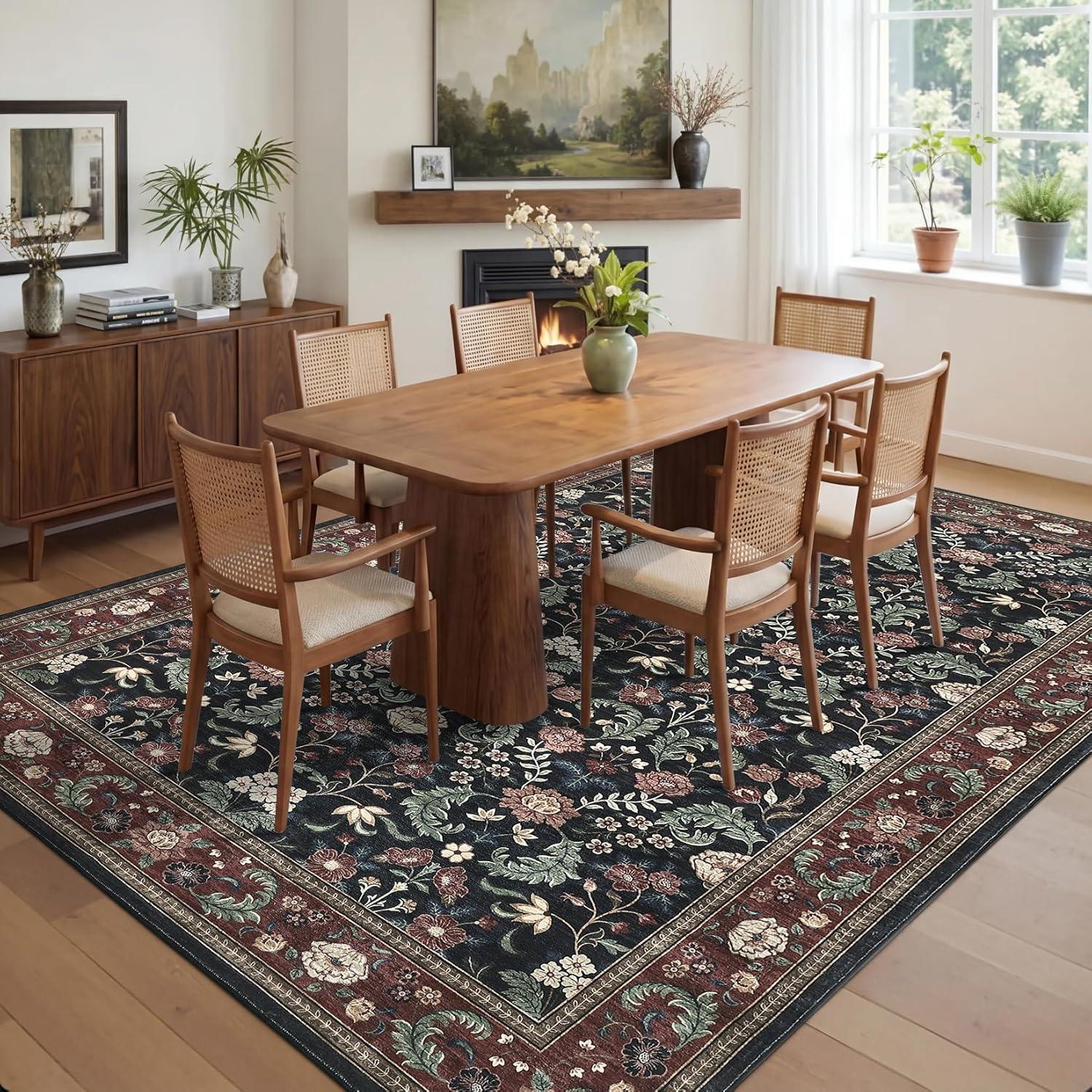 image:imageGarvee 10x13 Vintage Area Rug for Bedroom Large Living Room Rug with Non Slip Backing Floral Border Stain Resistant Non Shedding Area Rugs Low Pile Soft Mats for Bedroom Dining Room PinkCottageblackRed