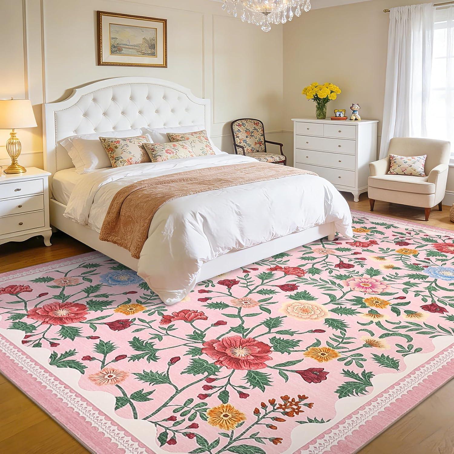 image:imageGarvee 10x13 Vintage Area Rug for Bedroom Large Living Room Rug with Non Slip Backing Floral Border Stain Resistant Non Shedding Area Rugs Low Pile Soft Mats for Bedroom Dining Room PinkFarmhousepink