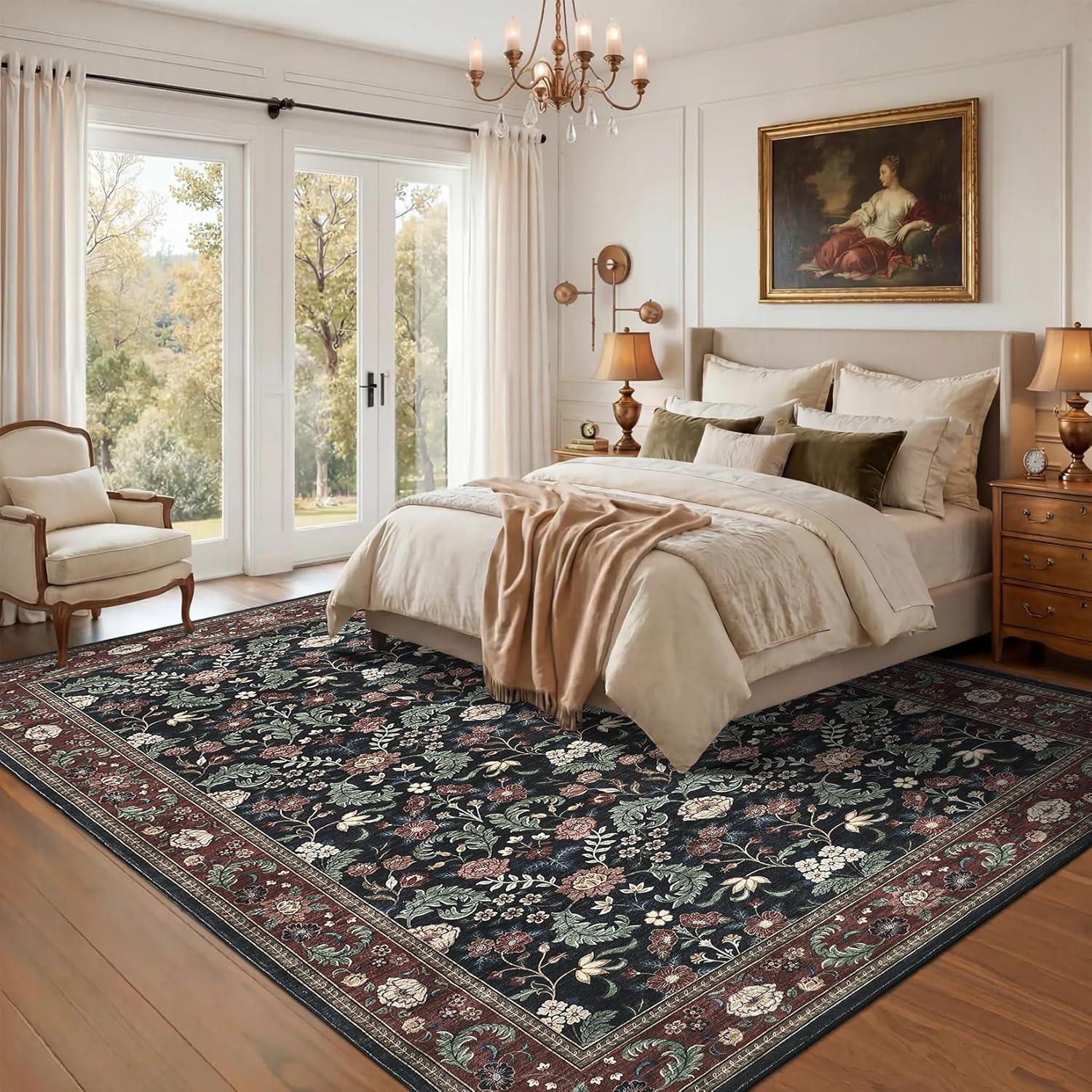 image:imageGarvee 10x13 Vintage Area Rug for Bedroom Large Living Room Rug with Non Slip Backing Floral Border Stain Resistant Non Shedding Area Rugs Low Pile Soft Mats for Bedroom Dining Room PinkCottageblackRed