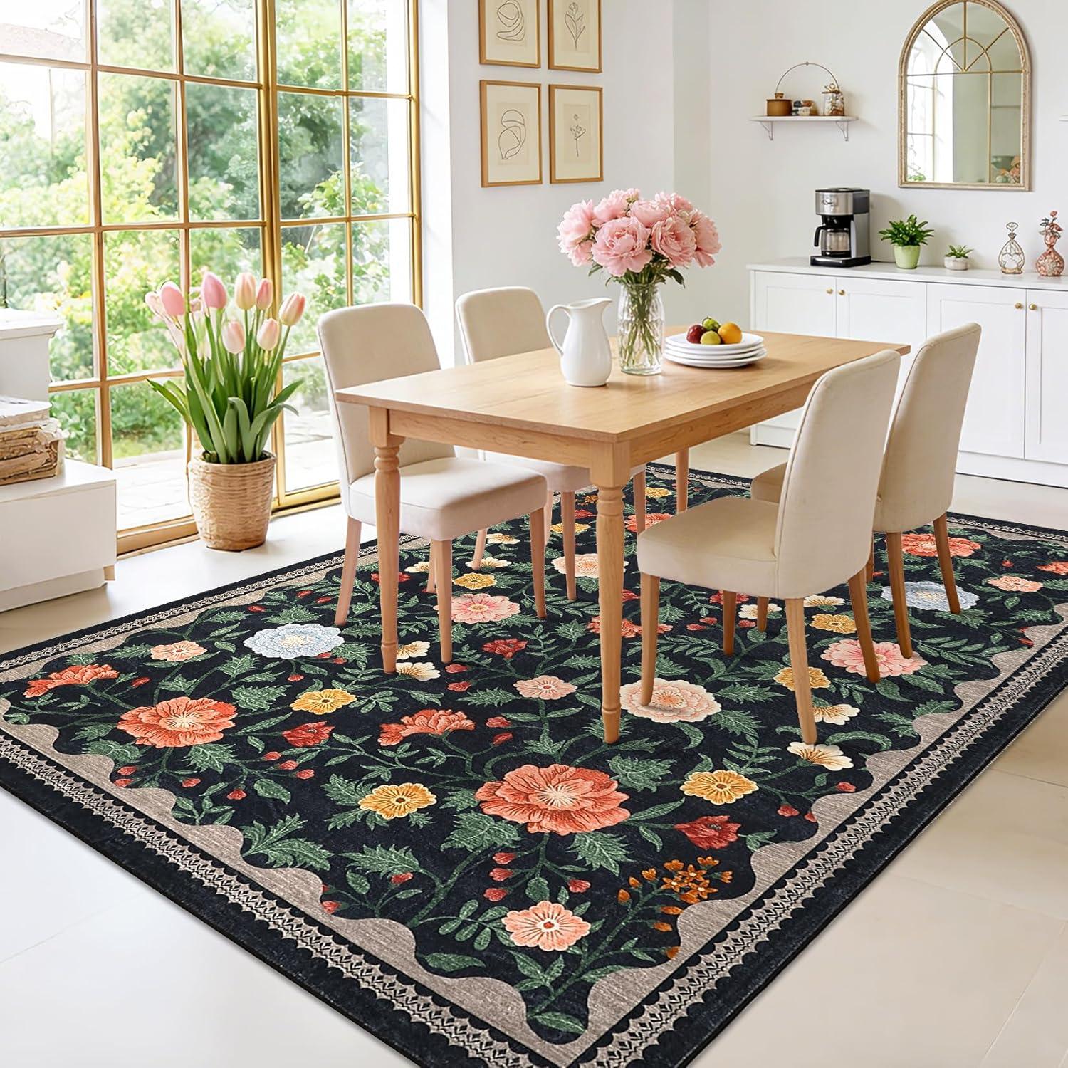 image:imageGarvee 10x13 Vintage Area Rug for Bedroom Large Living Room Rug with Non Slip Backing Floral Border Stain Resistant Non Shedding Area Rugs Low Pile Soft Mats for Bedroom Dining Room PinkFarmhouseblack