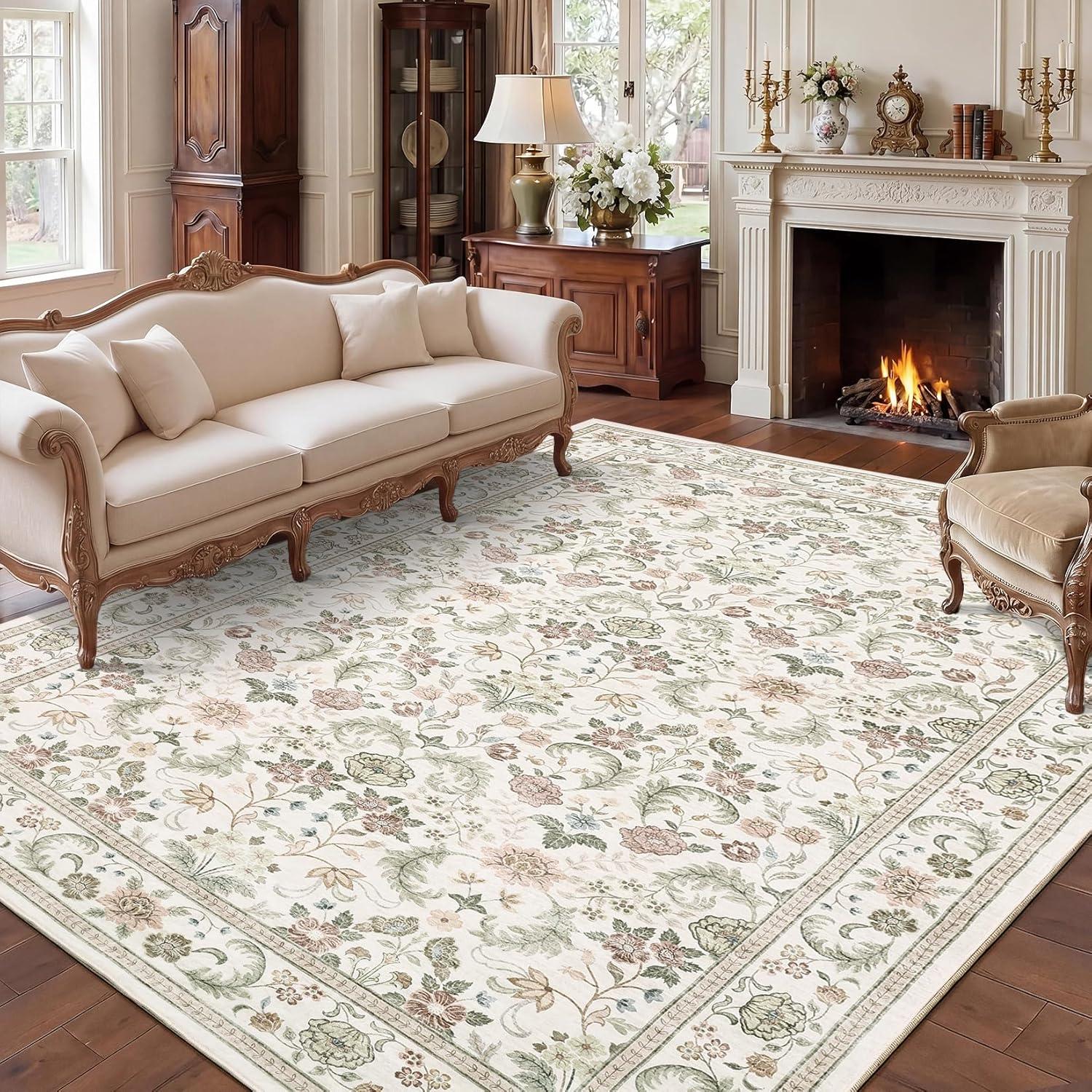 image:imageGarvee 10x13 Vintage Area Rug for Bedroom Large Living Room Rug with Non Slip Backing Floral Border Stain Resistant Non Shedding Area Rugs Low Pile Soft Mats for Bedroom Dining Room PinkCottagebeige