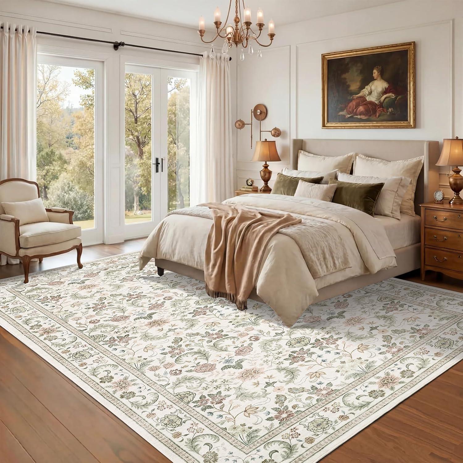 image:imageGarvee 10x13 Vintage Area Rug for Bedroom Large Living Room Rug with Non Slip Backing Floral Border Stain Resistant Non Shedding Area Rugs Low Pile Soft Mats for Bedroom Dining Room PinkCottagebeige