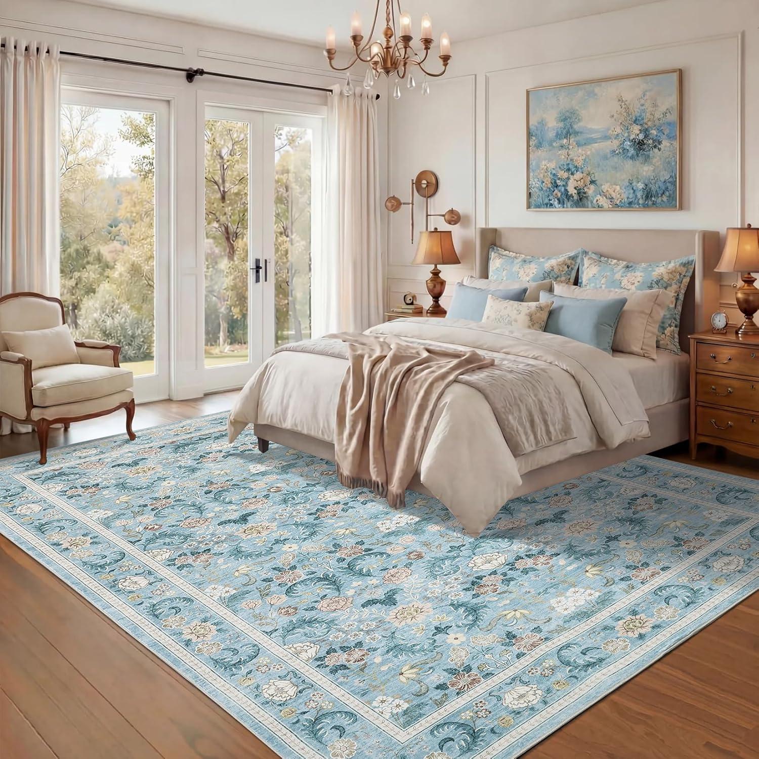 image:imageGarvee 10x13 Vintage Area Rug for Bedroom Large Living Room Rug with Non Slip Backing Floral Border Stain Resistant Non Shedding Area Rugs Low Pile Soft Mats for Bedroom Dining Room PinkCottageblue