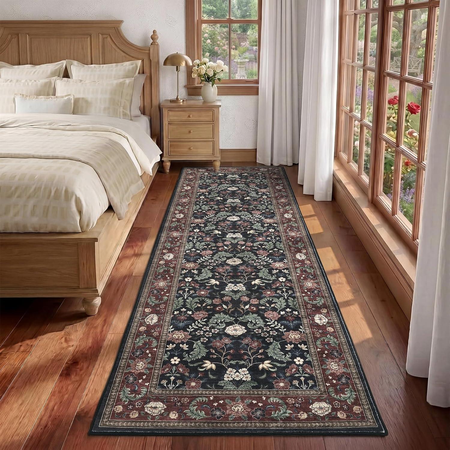image:imageGarvee 10x13 Vintage Area Rug for Bedroom Large Living Room Rug with Non Slip Backing Floral Border Stain Resistant Non Shedding Area Rugs Low Pile Soft Mats for Bedroom Dining Room PinkCottageblackRed