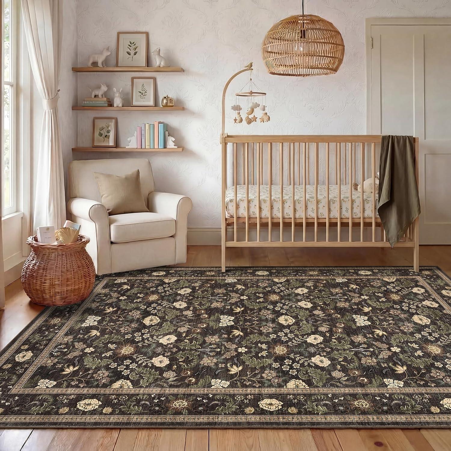 image:imageGarvee 10x13 Vintage Area Rug for Bedroom Large Living Room Rug with Non Slip Backing Floral Border Stain Resistant Non Shedding Area Rugs Low Pile Soft Mats for Bedroom Dining Room PinkCottagechocolate Brown
