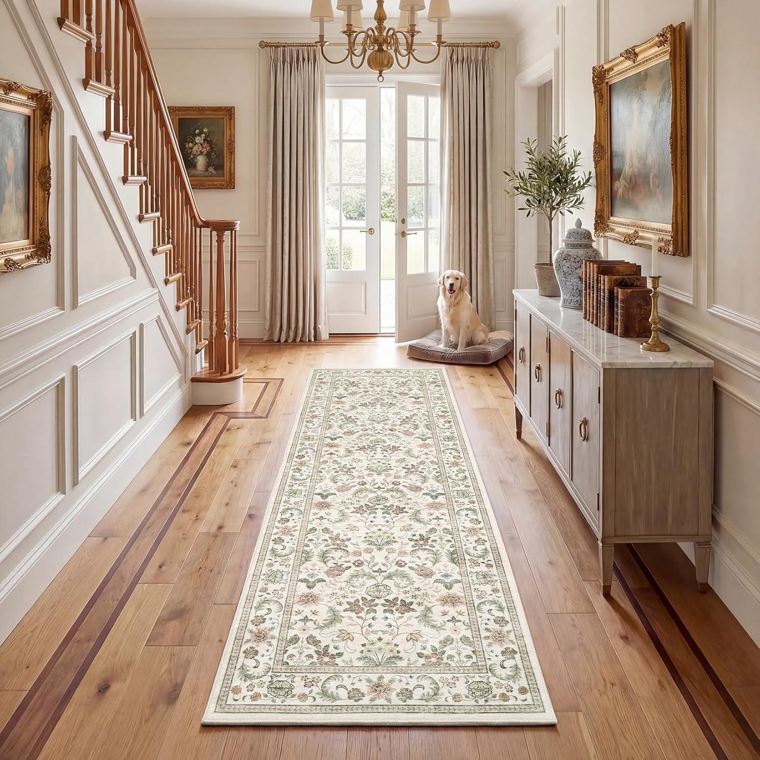 image:imageGarvee 10x13 Vintage Area Rug for Bedroom Large Living Room Rug with Non Slip Backing Floral Border Stain Resistant Non Shedding Area Rugs Low Pile Soft Mats for Bedroom Dining Room PinkCottagebeige