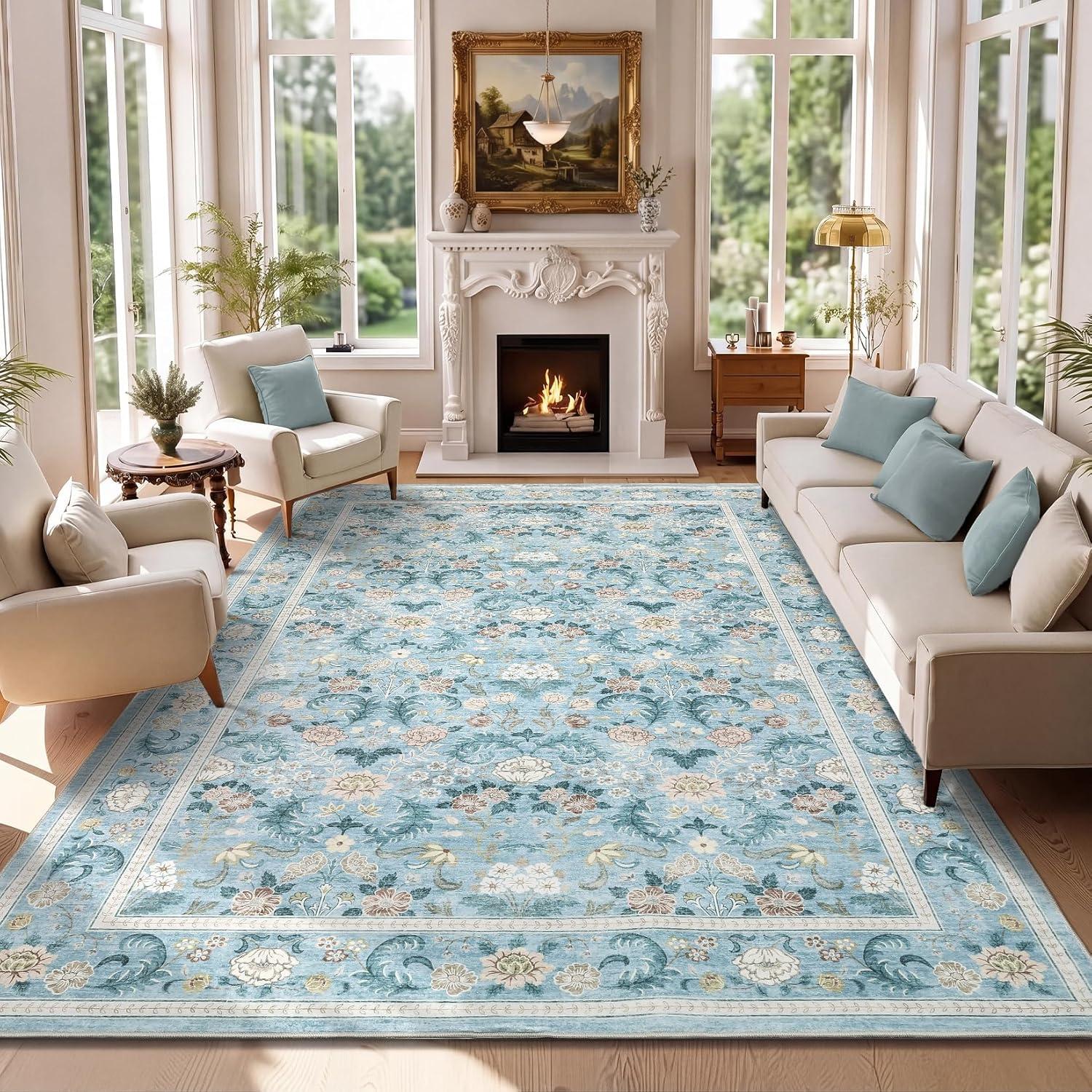image:imageGarvee 10x13 Vintage Area Rug for Bedroom Large Living Room Rug with Non Slip Backing Floral Border Stain Resistant Non Shedding Area Rugs Low Pile Soft Mats for Bedroom Dining Room PinkCottageblue