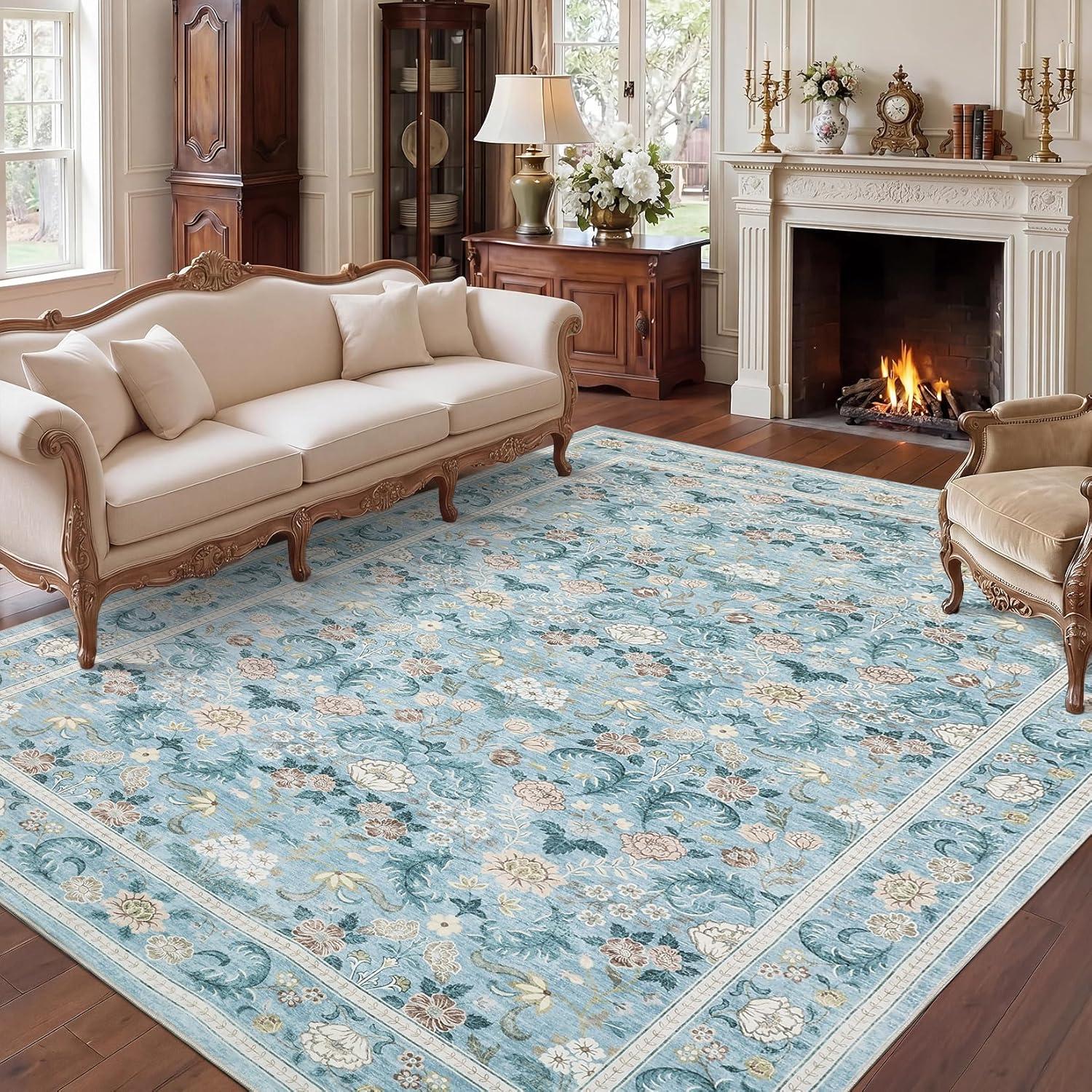 image:imageGarvee 10x13 Vintage Area Rug for Bedroom Large Living Room Rug with Non Slip Backing Floral Border Stain Resistant Non Shedding Area Rugs Low Pile Soft Mats for Bedroom Dining Room PinkCottageblue