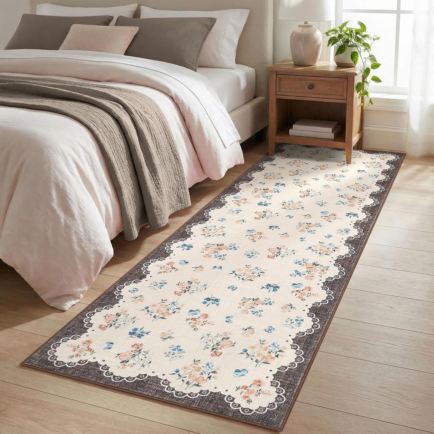 image:imageGarvee Floral Runner for Hallways Non Slip 2x6 Washable Kitchen Runner Rug Vintage Soft Thin Low Pile Carpet Mat for Girls Bedroom Bedside Laundry Bathroom Indoor Farmhouse Entryway Rugs PinkCottagecorebrown