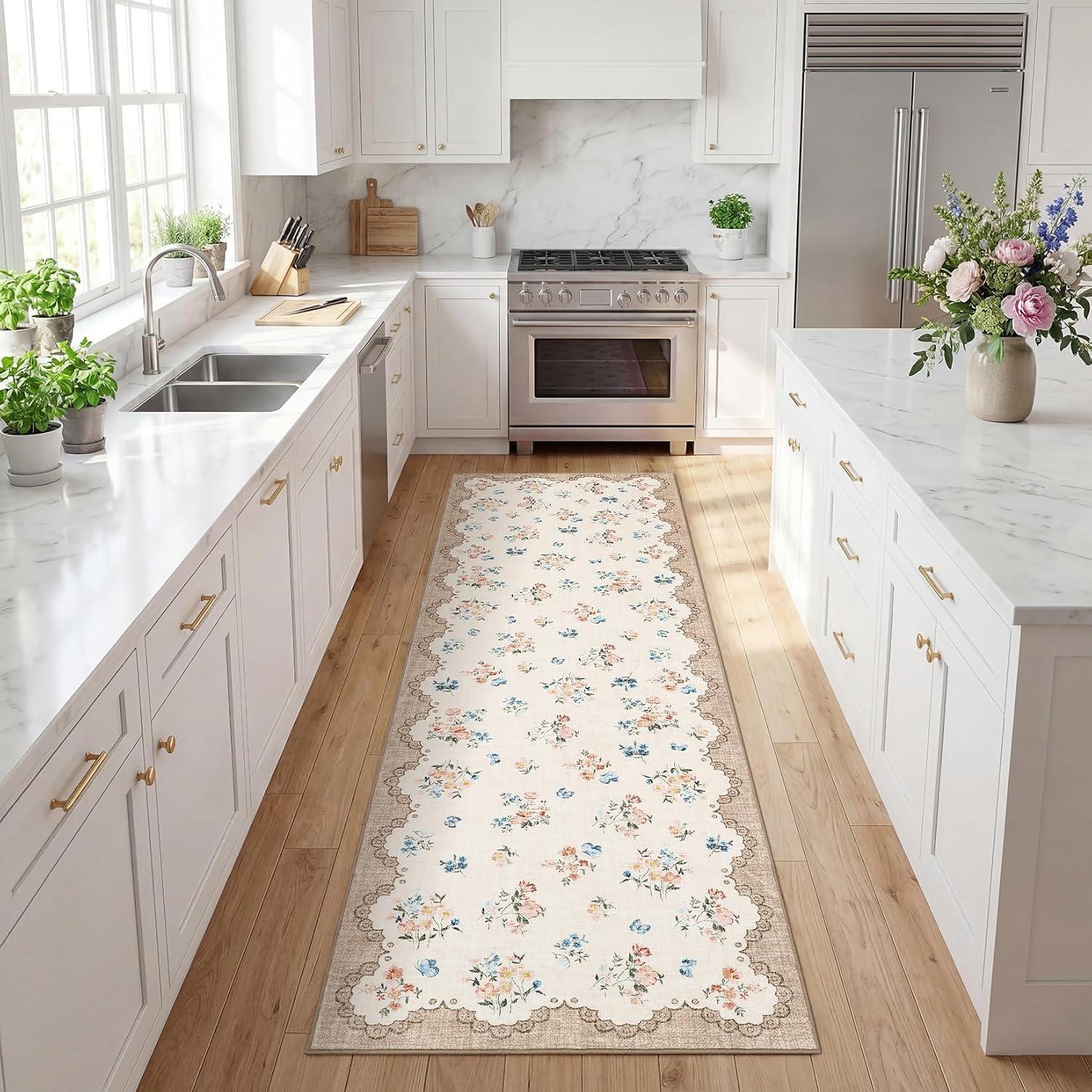 image:imageGarvee Floral Runner for Hallways Non Slip 2x6 Washable Kitchen Runner Rug Vintage Soft Thin Low Pile Carpet Mat for Girls Bedroom Bedside Laundry Bathroom Indoor Farmhouse Entryway Rugs PinkCottagecorebeige