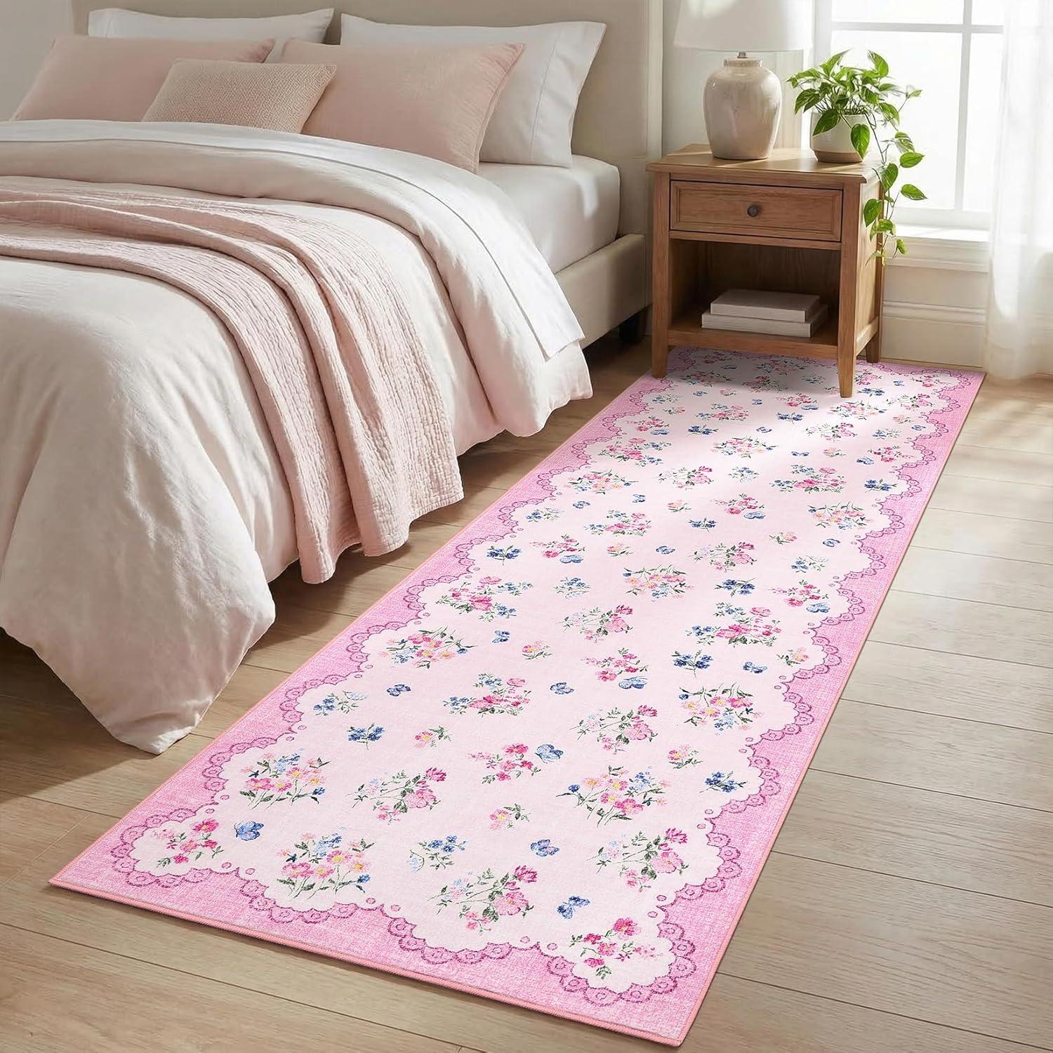 image:imageGarvee Floral Runner for Hallways Non Slip 2x6 Washable Kitchen Runner Rug Vintage Soft Thin Low Pile Carpet Mat for Girls Bedroom Bedside Laundry Bathroom Indoor Farmhouse Entryway Rugs PinkCottagecorepink