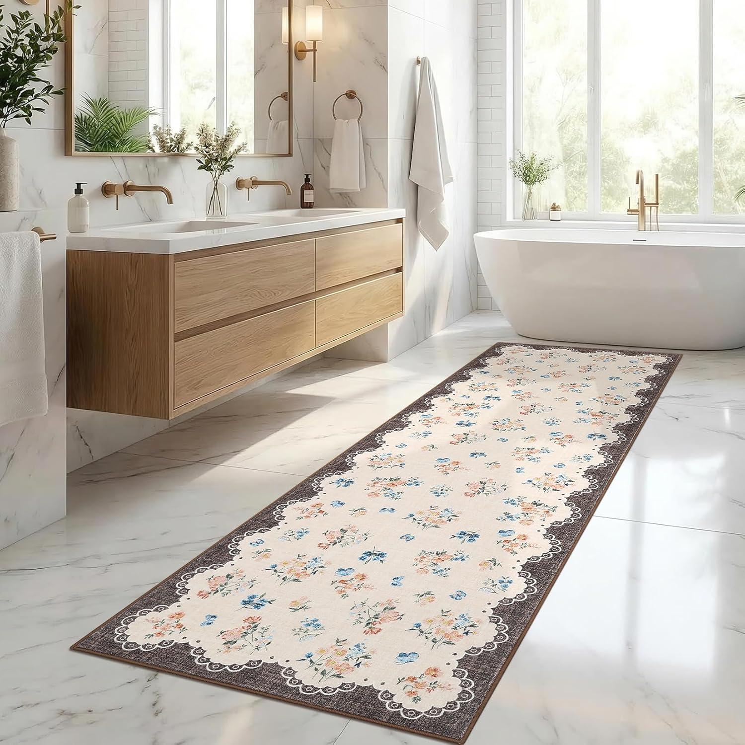 image:imageGarvee Floral Runner for Hallways Non Slip 2x6 Washable Kitchen Runner Rug Vintage Soft Thin Low Pile Carpet Mat for Girls Bedroom Bedside Laundry Bathroom Indoor Farmhouse Entryway Rugs PinkCottagecorebrown