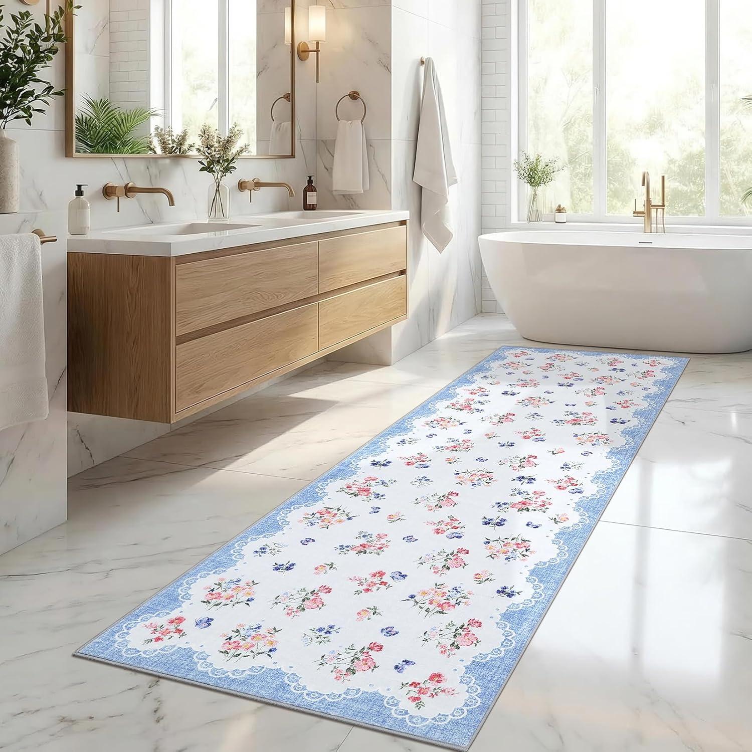 image:imageGarvee Floral Runner for Hallways Non Slip 2x6 Washable Kitchen Runner Rug Vintage Soft Thin Low Pile Carpet Mat for Girls Bedroom Bedside Laundry Bathroom Indoor Farmhouse Entryway Rugs PinkCottagecoreblue