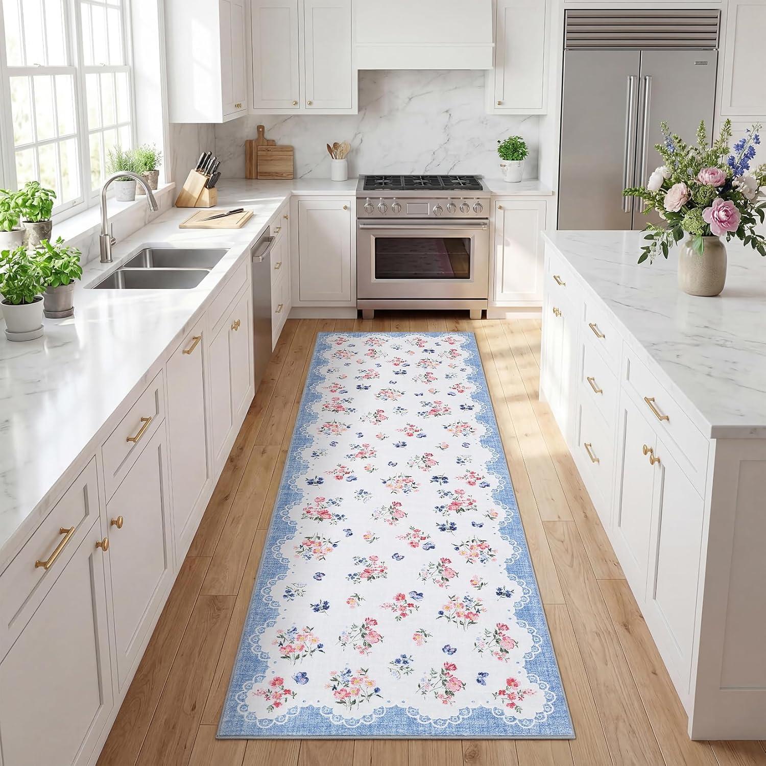 image:imageGarvee Floral Runner for Hallways Non Slip 2x6 Washable Kitchen Runner Rug Vintage Soft Thin Low Pile Carpet Mat for Girls Bedroom Bedside Laundry Bathroom Indoor Farmhouse Entryway Rugs PinkCottagecoreblue