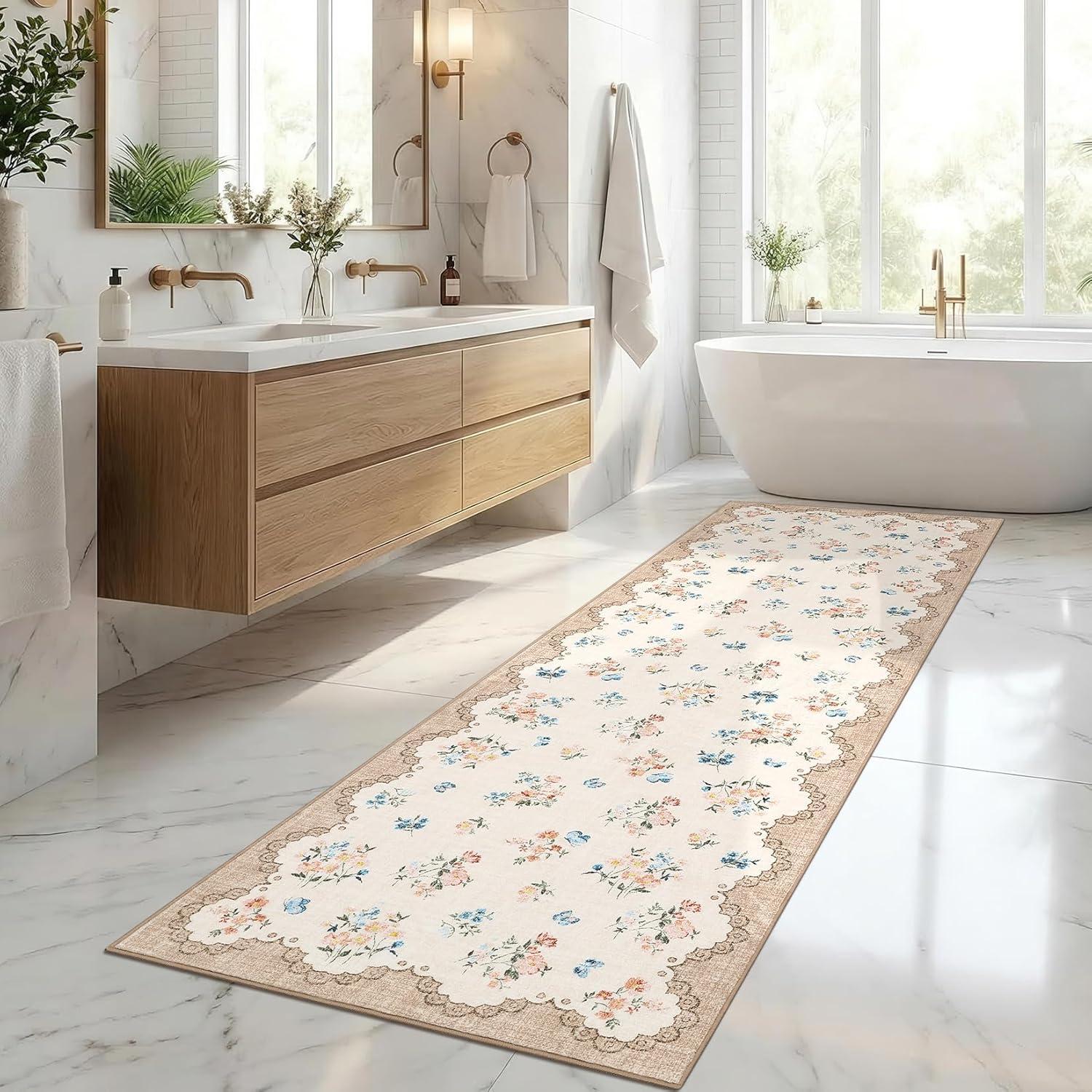 image:imageGarvee Floral Runner for Hallways Non Slip 2x6 Washable Kitchen Runner Rug Vintage Soft Thin Low Pile Carpet Mat for Girls Bedroom Bedside Laundry Bathroom Indoor Farmhouse Entryway Rugs PinkCottagecorebeige