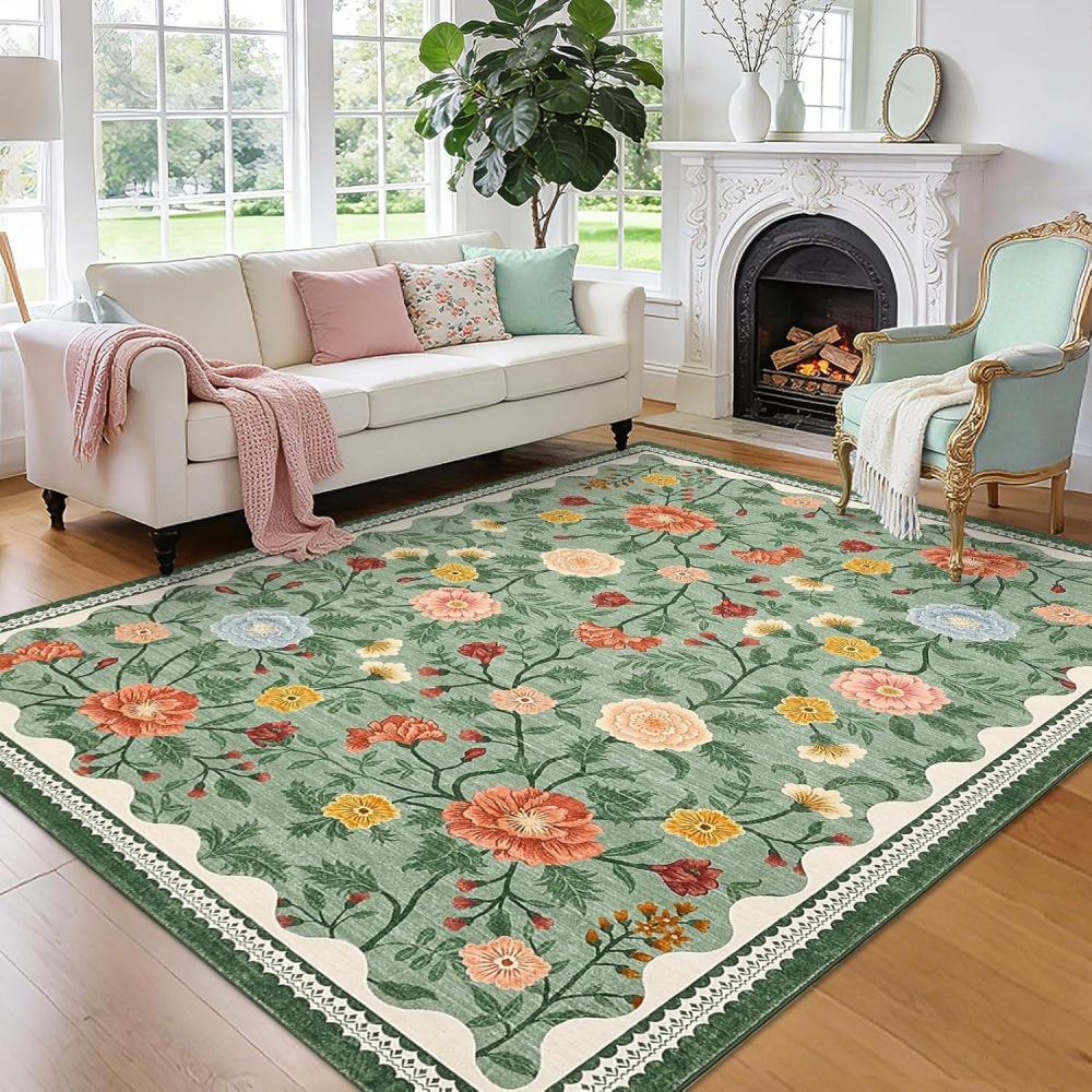 image:imageGarvee 10x13 Vintage Area Rug for Bedroom Large Living Room Rug with Non Slip Backing Floral Border Stain Resistant Non Shedding Area Rugs Low Pile Soft Mats for Bedroom Dining Room PinkFarmhousegreen