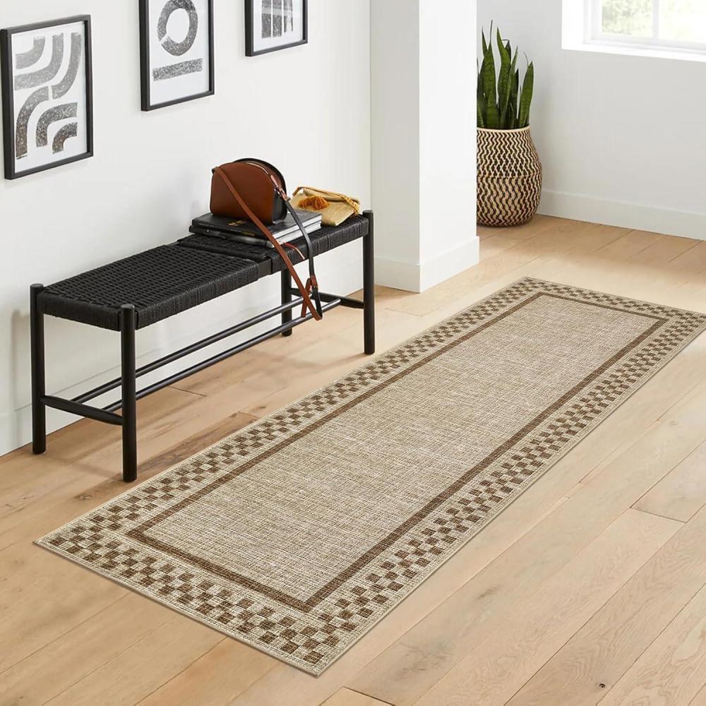image:imageGarvee 5x7 Modern Checkerboard Washable Rug for Entryway Indoor Bordered Living Room Rug with Non Slip Backing Stain Resistant Non Shedding Solid Color Area Rugs for Bedroom Dining Room TaupeCheckeredtaupe