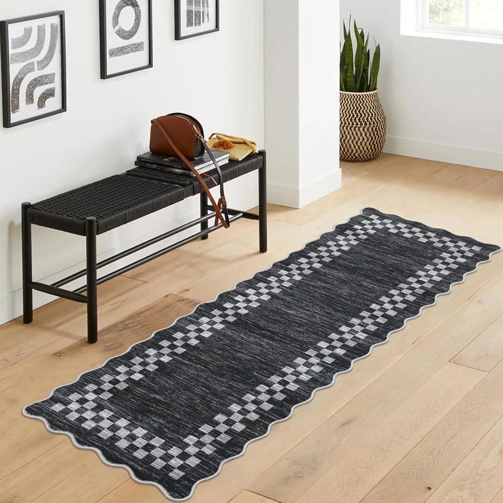 image:imageGarvee 5x7 Modern Checkerboard Washable Rug for Entryway Indoor Bordered Living Room Rug with Non Slip Backing Stain Resistant Non Shedding Solid Color Area Rugs for Bedroom Dining Room TaupeScallopeddark Grey