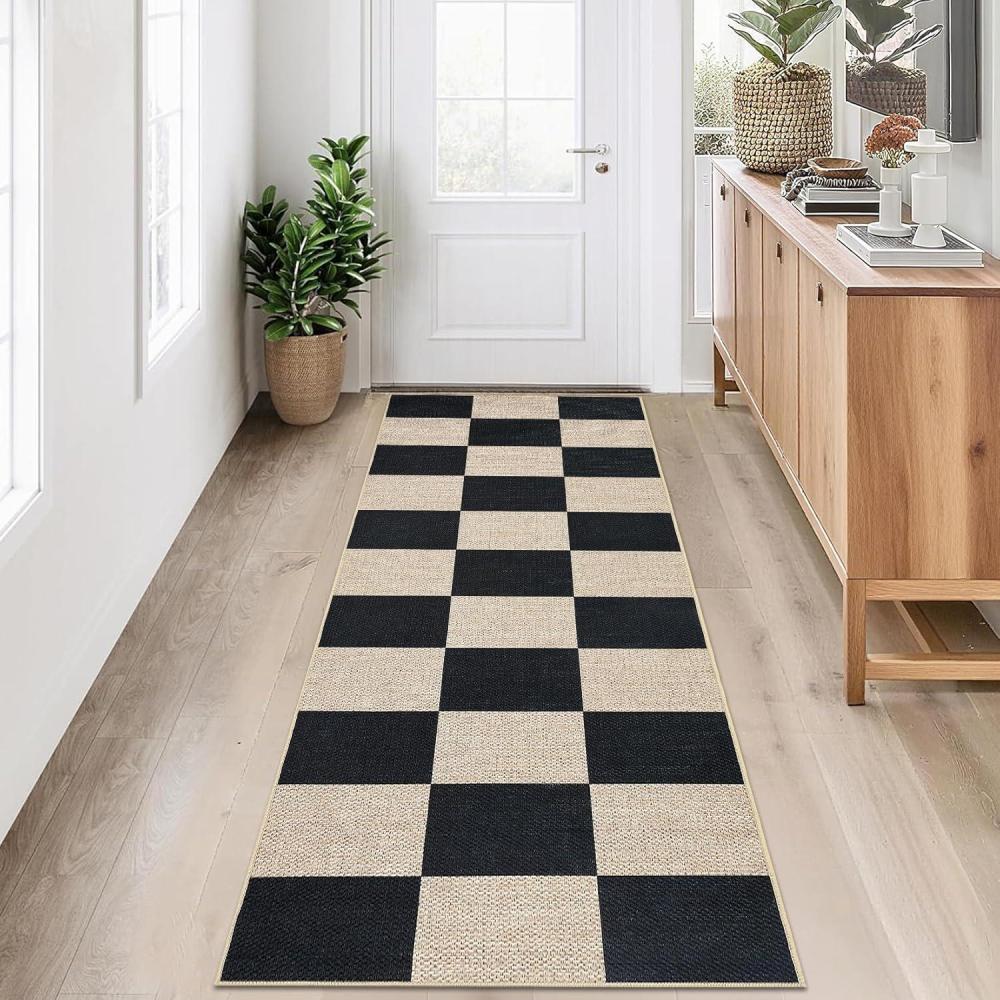 image:imageGarvee 5x7 Washable Easy Jute Area Rugs for Living Room Bedroom High Traffic Foldable Rug Distressed Diamond Checkered Office Carpet Non Slip Backing Farmhouse Floor Cover Black and TanCheckerboardblacktan