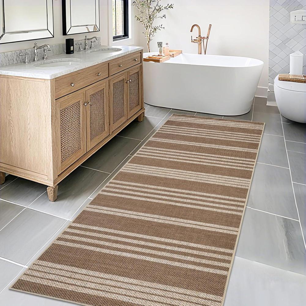 image:imageGarvee 5x7 Washable Easy Jute Area Rugs for Living Room Bedroom High Traffic Foldable Rug Distressed Diamond Checkered Office Carpet Non Slip Backing Farmhouse Floor Cover Black and TanStripedbrown
